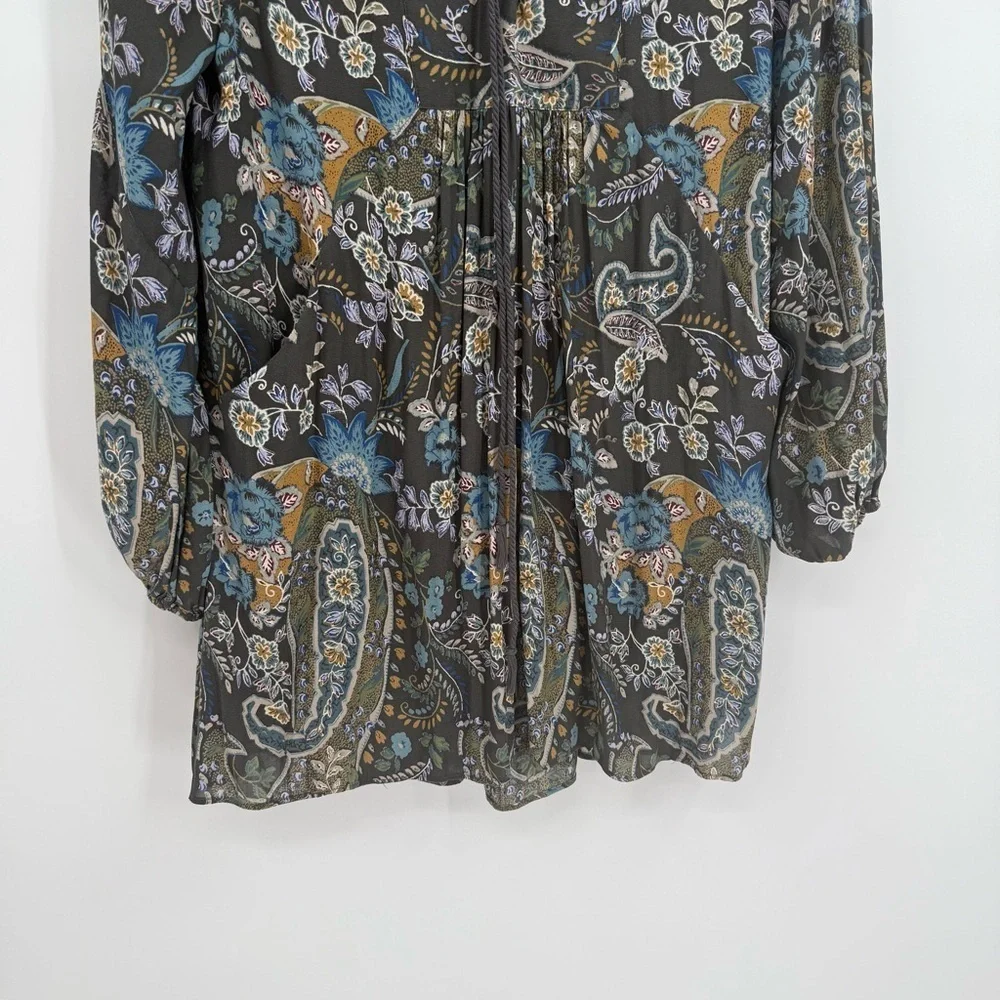 Free People Rain or Shine Dress S Paisley Floral Lace Up Tunic Gray Long Sleeve